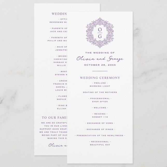 Elegant Purple Heirloom Wedding Programme (Front/Back)