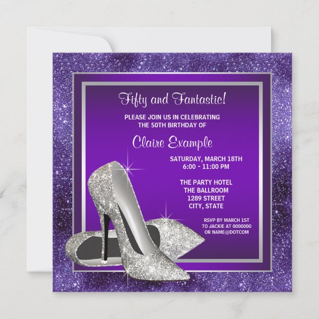 Elegant Purple High Heels Birthday Party Invitation (Front)