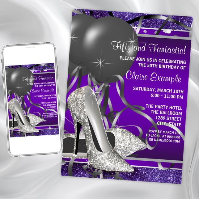 Elegant Purple High Heels Womans Birthday Party Invitation (Purple silver shoe any event invitation. Instant download and printed invitations available.)
