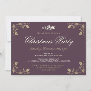 Elegant Purple Holly Bells Christmas Holiday Party Invitation
