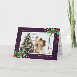 Elegant Purple Holly Photo Merry Christmas Card
