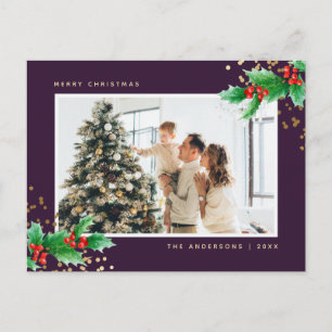 Elegant Purple Holly Photo Merry Christmas Holiday Postcard
