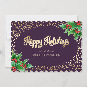 Elegant Purple Holly Snow Business Holiday Card