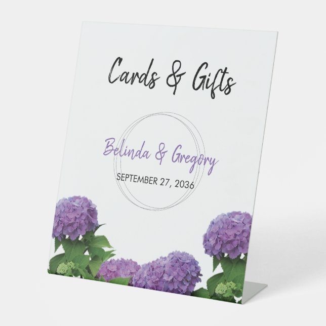 Elegant Purple Hydrangea Wedding Cards & Gifts Pedestal Sign (Front)