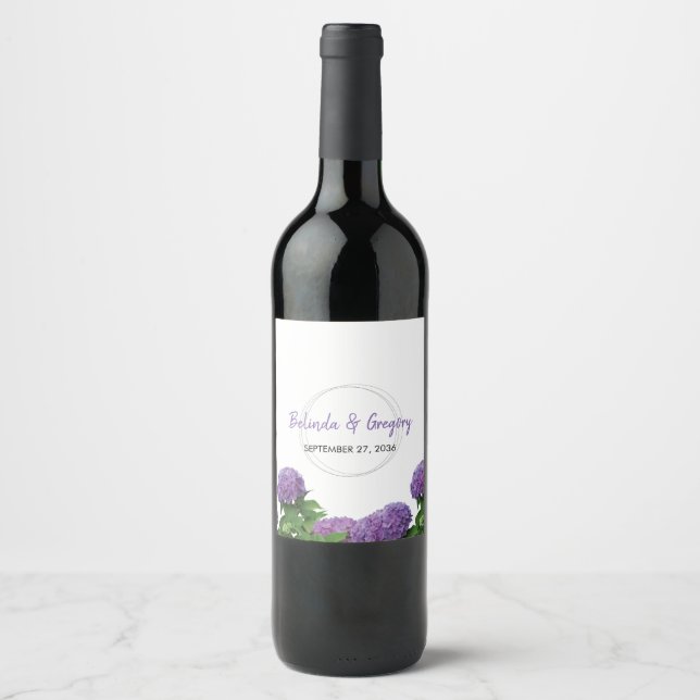 Elegant Purple Hydrangea Wedding Wine Label (Front)