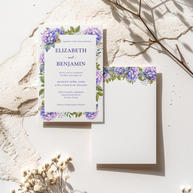 Elegant Purple Hydrangeas Watercolor Wedding  Invitation (Front / Back)
