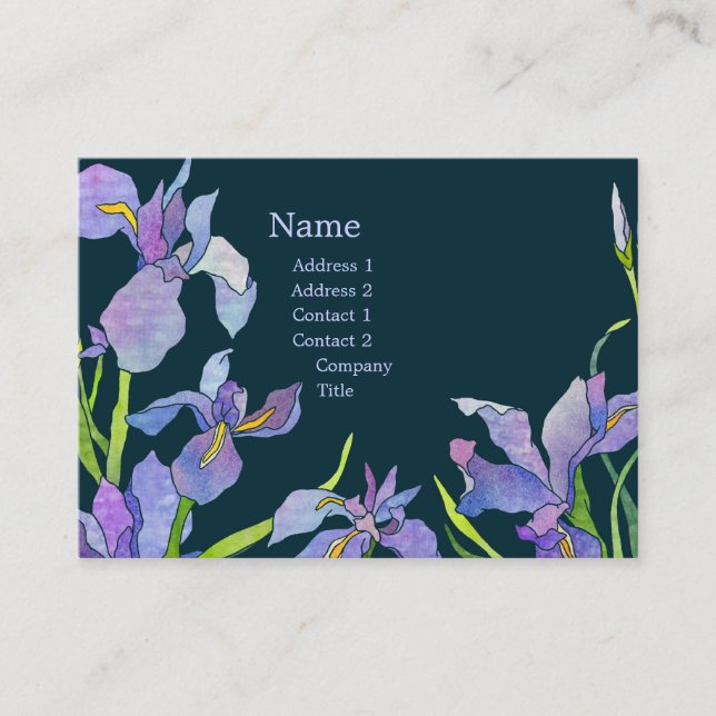 Elegant Purple Iris Navy Blue Business Card (Front)