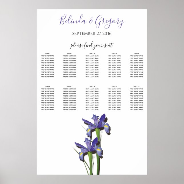 Elegant Purple Iris Wedding Seating Chart (Front)