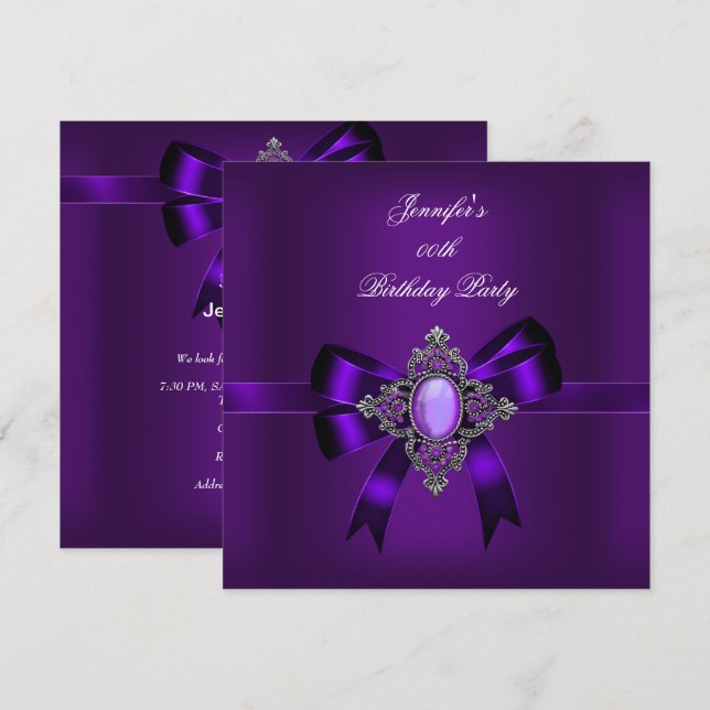 Elegant Purple Jewel Bow Birthday Party Invitation (Front/Back)