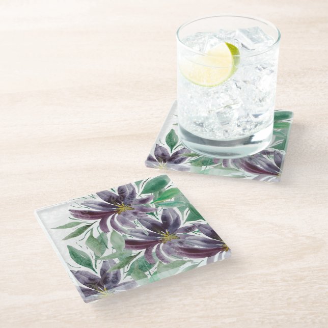 Elegant Purple Lace Lotus Watercolor Glass Coaster (Angled)