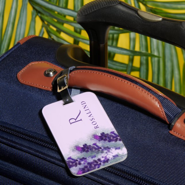 Elegant Purple Lavander Flowers monogrammed Luggage Tag (Front Insitu 1)