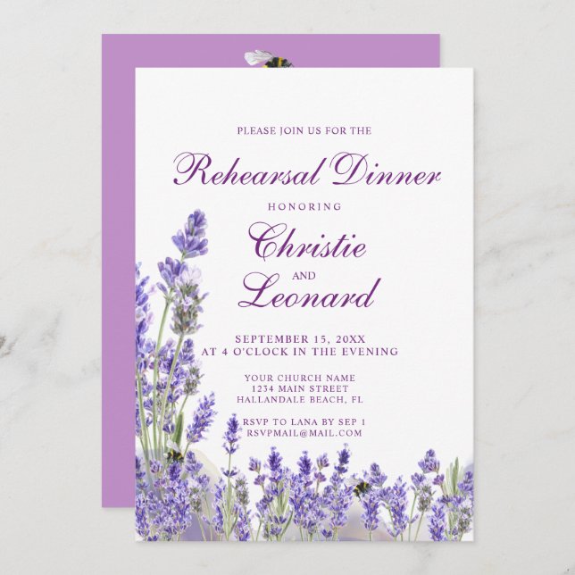 Elegant Purple Lavander Flowers Wedding Rehearsal Invitation (Front/Back)