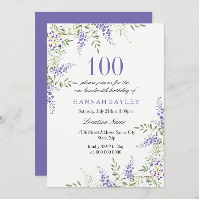 Elegant Purple Lavender 100th Birthday Invite (Front/Back)