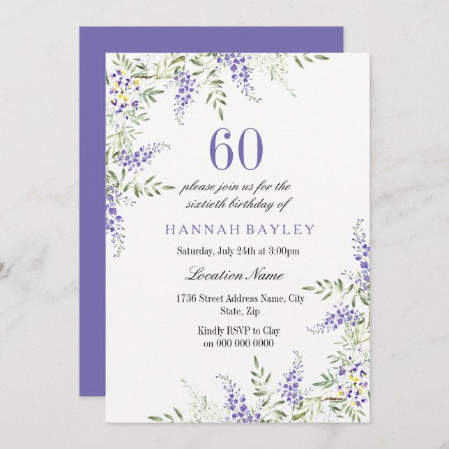 Elegant Purple Lavender 60th Birthday Invite (Front/Back)