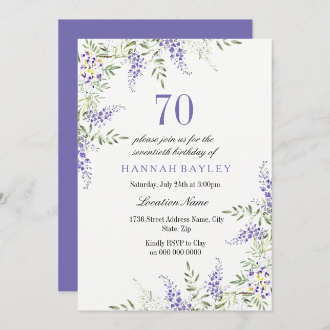 Elegant Purple Lavender 70th Birthday Invite (Front/Back)