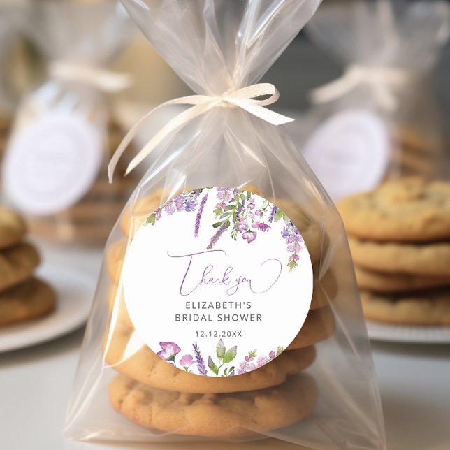 Elegant Purple Lavender Bridal Shower Thank You Classic Round Sticker (Creator Uploaded)
