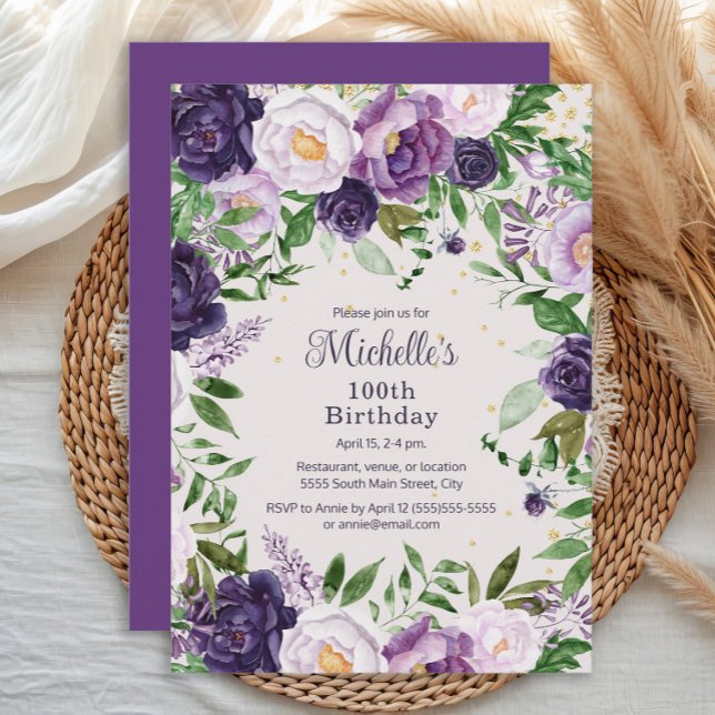 Elegant Purple Lavender Floral 100th Birthday Invitation (Elegant purple and lavender watercolor floral women's 100th birthday party invitation)