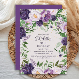 Elegant Purple Lavender Floral 90th Birthday Invitation