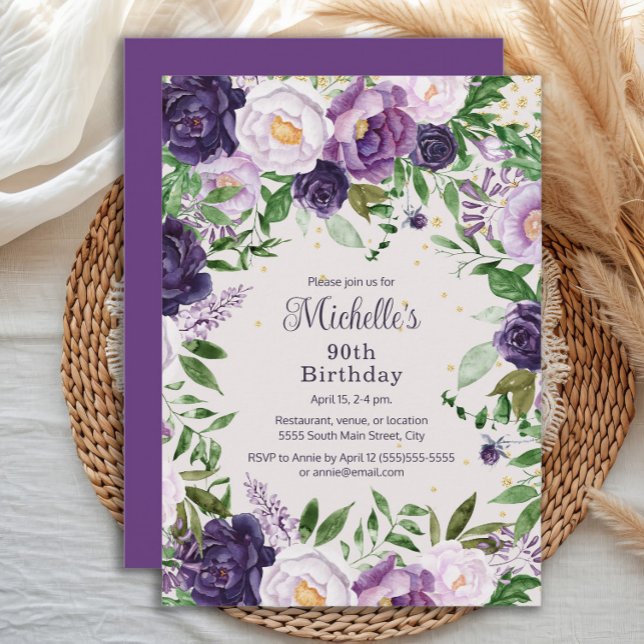 Elegant Purple Lavender Floral 90th Birthday Invitation (Elegant purple and lavender watercolor floral 90th birthday party invitation)