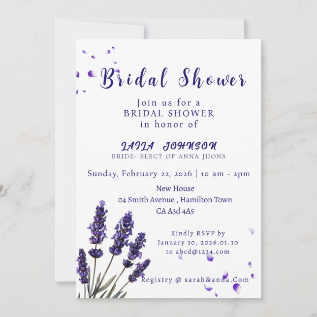 Elegant Purple Lavender Floral Bridal Shower Invitation (Front)