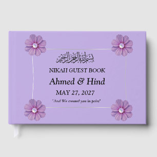 Elegant Purple Lavender Floral Pearl Wedding Guest Book