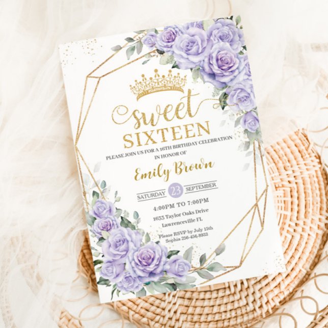 Elegant Purple Lavender Floral Sweet Sixteen 16th  Invitation (Creator Uploaded)