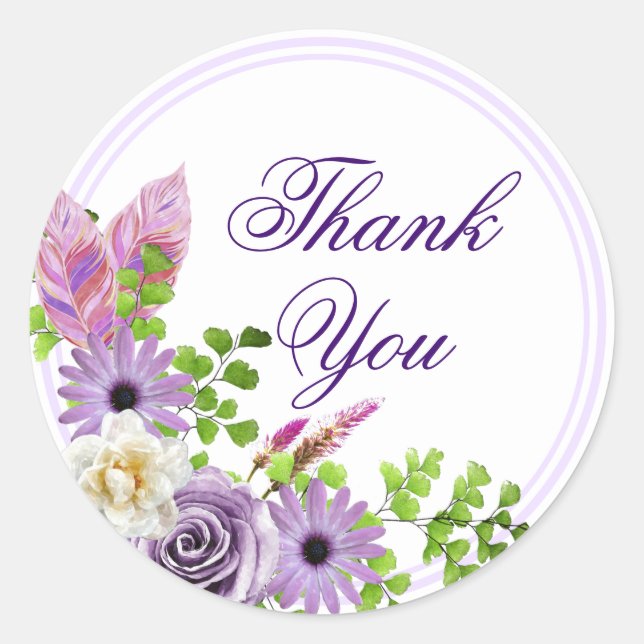 Elegant Purple Lavender Floral Thank You Classic Round Sticker (Front)