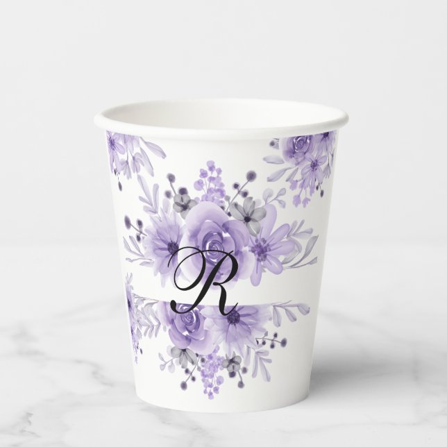 Elegant Purple Lavender Floral Watercolor Paper Cups (Front)