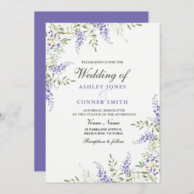 Elegant Purple Lavender Floral Wedding Invite (Front/Back)