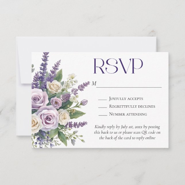Elegant Purple Lavender Roses Wedding QR Code RSVP Card (Front)