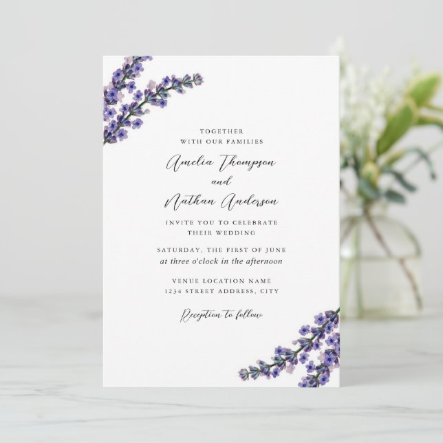 Elegant Purple Lavender Wedding Invitation (Standing Front)