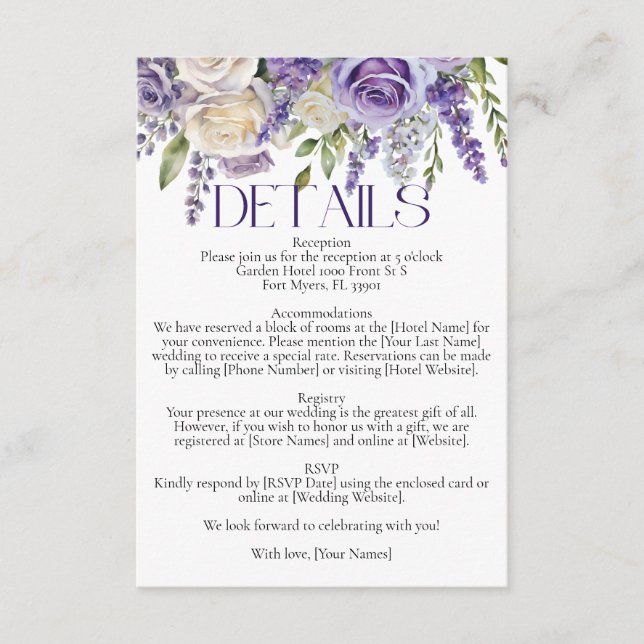 Elegant Purple Lavender White Roses Wedding Detail Enclosure Card (Front)