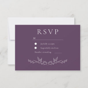 Elegant Purple Leaf Line Art Wedding RSVP Card