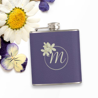 Elegant Purple Leather Look Daisy Monogram Hip Flask