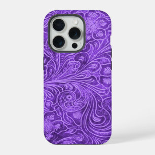 Elegant Purple Leather Look Floral Embossed Design iPhone 15 Pro Case