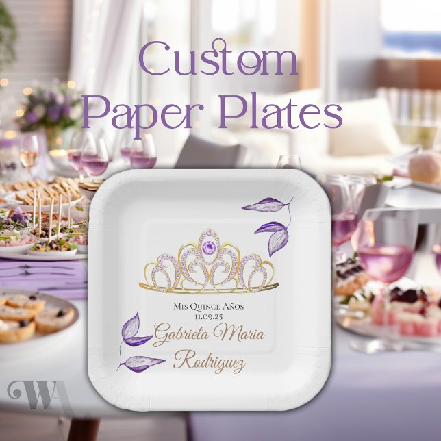 Elegant Purple Leaves Gold Tiara Quinceañera Paper Plate (Creator Uploaded)