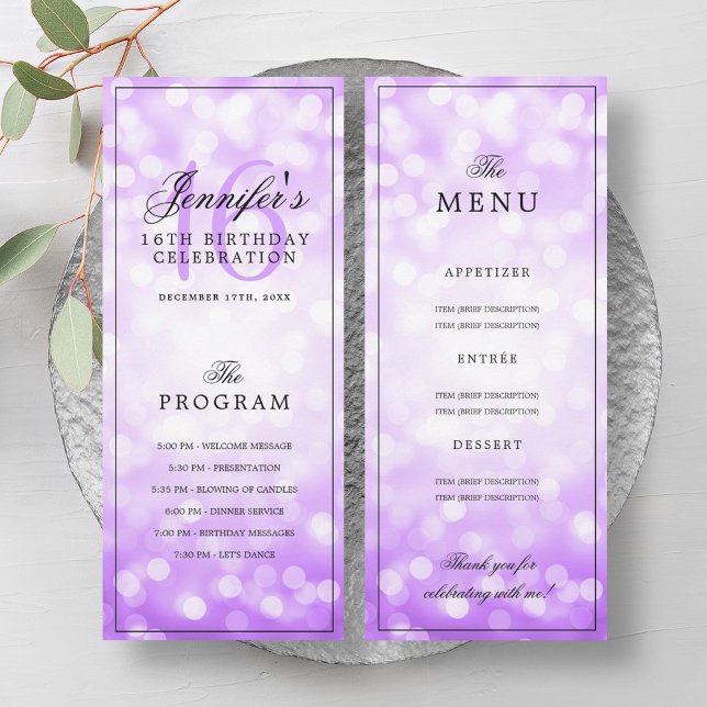 Elegant Purple Lights 16th Birthday Program Menu  Invitation (Elegant Purple Lights 16th Birthday Program Menu )