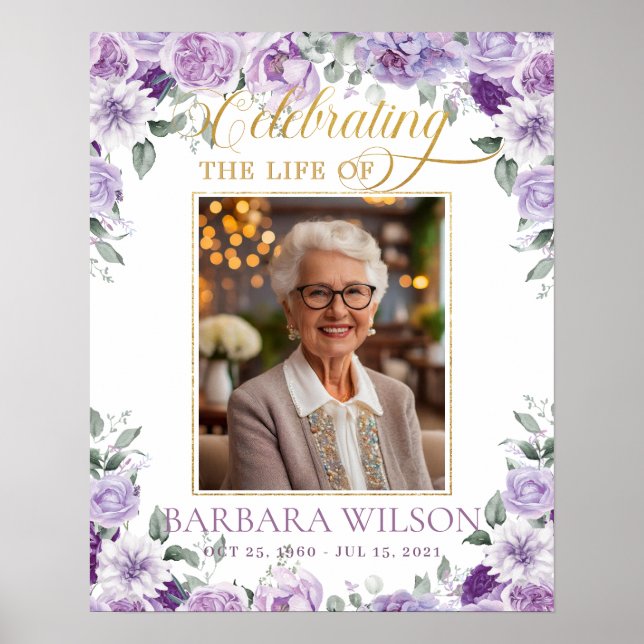Elegant Purple Lilac Floral Photo Funeral Memorial Poster (Front)