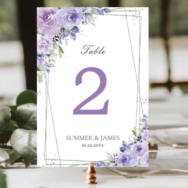Elegant Purple Lilac Floral Silver Wedding Bridal Table Number (Creator Uploaded)