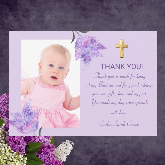 Elegant Purple Lilac Gold Cross Girl Baptism Thank You Card (Creator Uploaded)