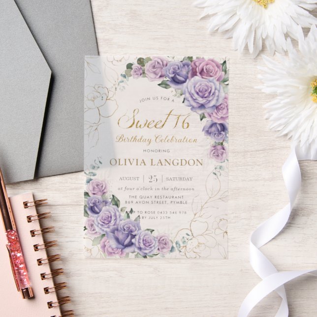 Elegant Purple Lilac Lavender Roses Sweet 16 16th Vellum Invitations (Wedding)