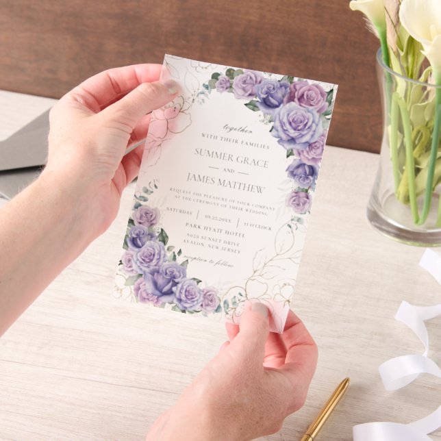 Elegant Purple Lilac Lavender Roses Wedding Vellum Invitations (Handheld)