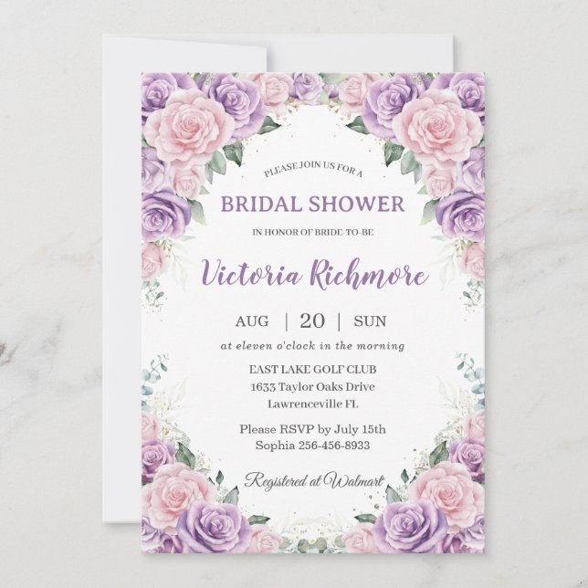 Elegant Purple Lilac Pink Floral Bridal Shower Invitation (Front)