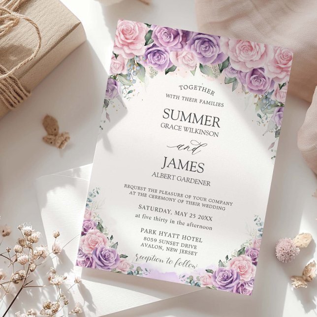 Elegant Purple Lilac Pink Roses Floral Wedding Invitation (Creator Uploaded)
