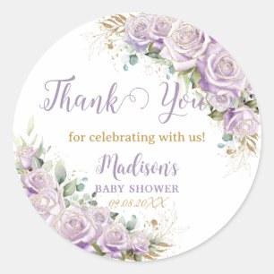 Elegant Purple Lilac Roses Floral Baby Shower Classic Round Sticker