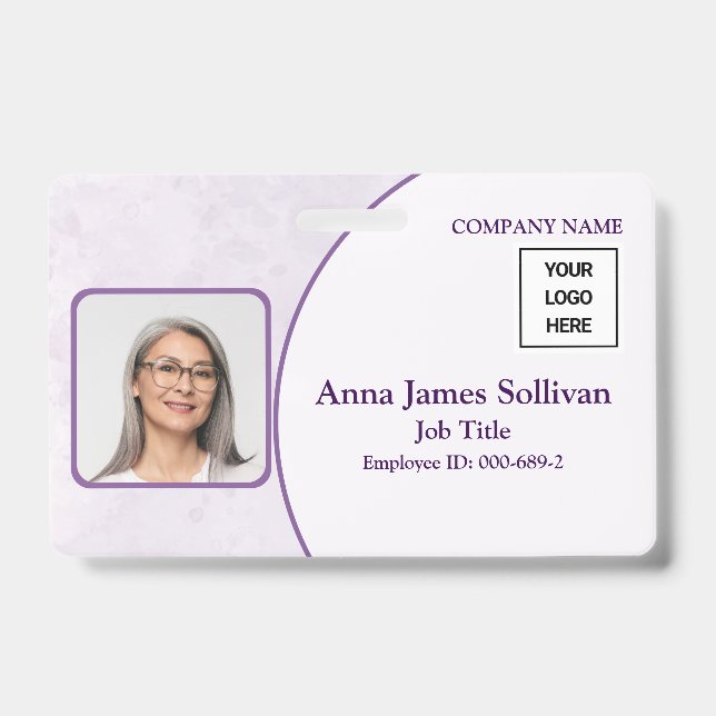 Elegant Purple Logo Bar Code Employee ID Badge (Front)