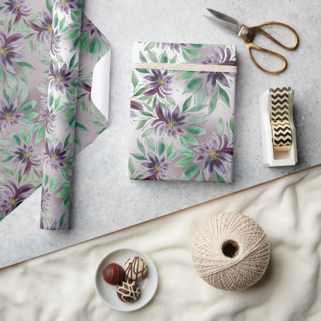 Elegant Purple Lotus Watercolor Floral Wrapping Paper (Crafts)