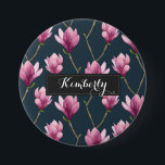 Elegant Purple Magnolia Pattern Custom 7.5 Cm Round Badge<br><div class="desc">This is a watercolor painting of magnolia flowers that was turned into a beautiful and elegant pattern.</div>