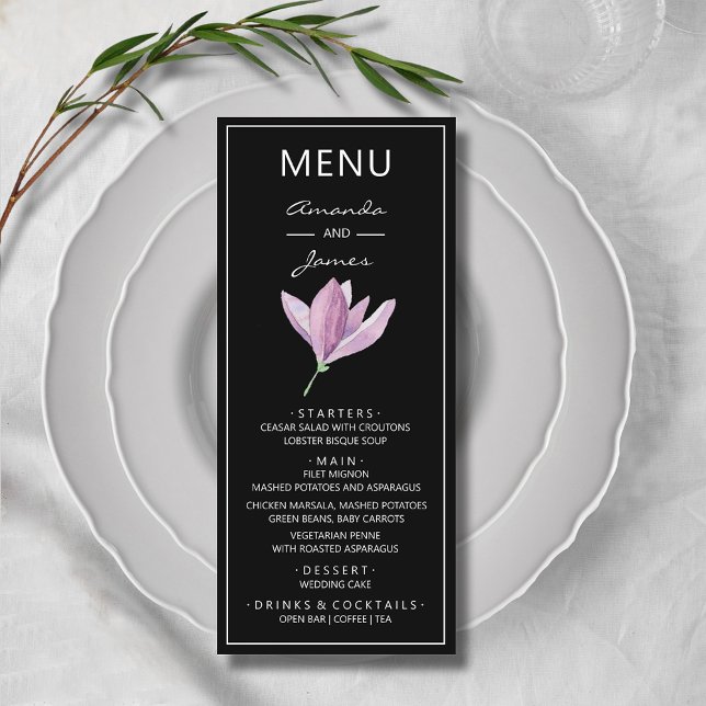 Elegant Purple Magnolia Watercolor Wedding Menu (Elegant Purple Magnolia Watercolor Wedding Menu Cards)