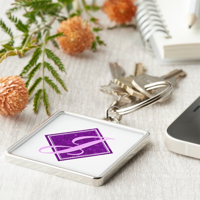 Elegant Purple Marble Diamond Initial Script Key Ring (Side)